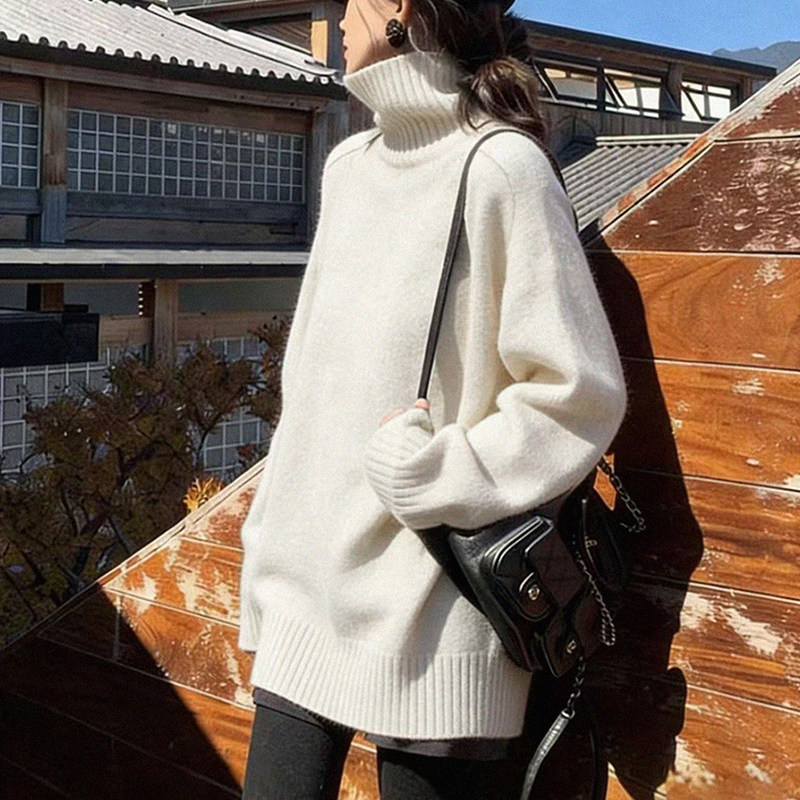 韩系白色中长款高领毛衣女秋冬可外穿内搭宽松针织衫遮屁股上衣厚