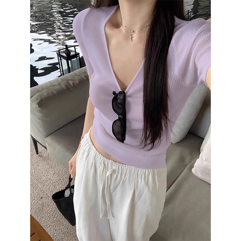 淡紫色正肩v领短袖t恤女夏季多巴胺独特漂亮修身掐腰冰丝针织上衣