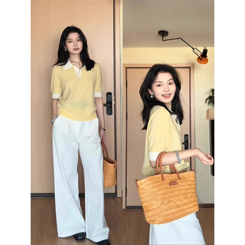 韩系黄色针织短袖polo衫女夏季独特漂亮薄款冰丝正肩半袖t恤上衣