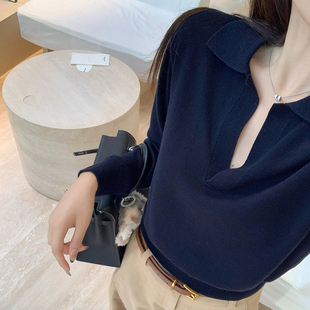 老钱风藏青色v领针织衫女春季高级感短款收腰polo领内搭打底上衣