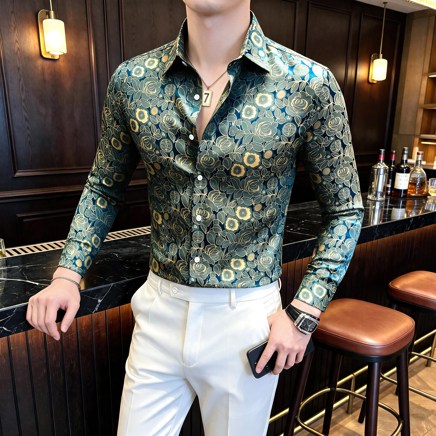 港风男士长袖花衬衫2026新款英伦雅痞男装高级感早秋修身印花衬衣