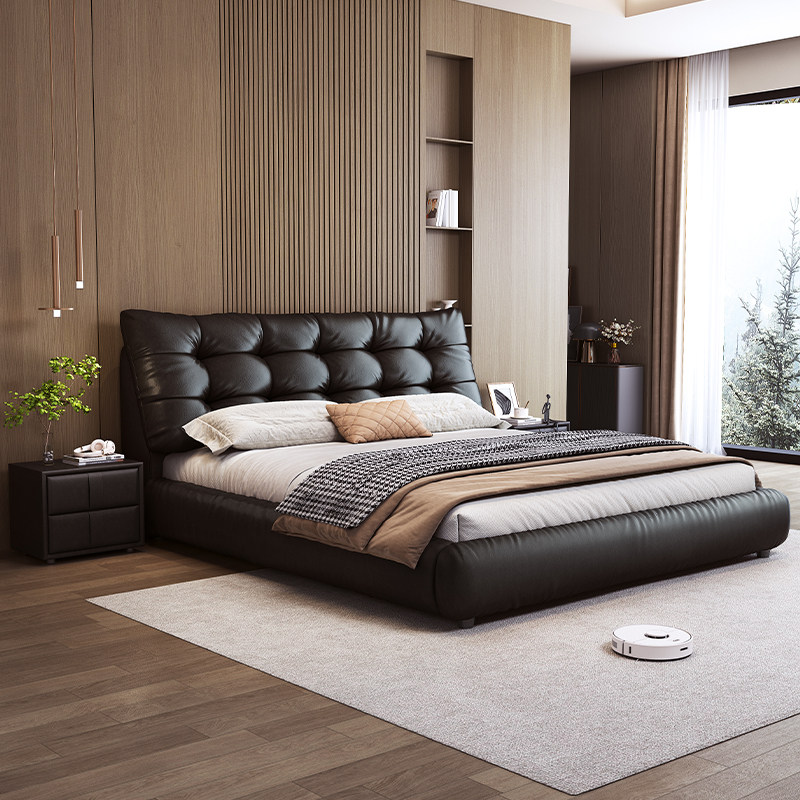 意式皮床主卧高端大气现代简约软包大床轻奢1.8m可储物实木真皮床