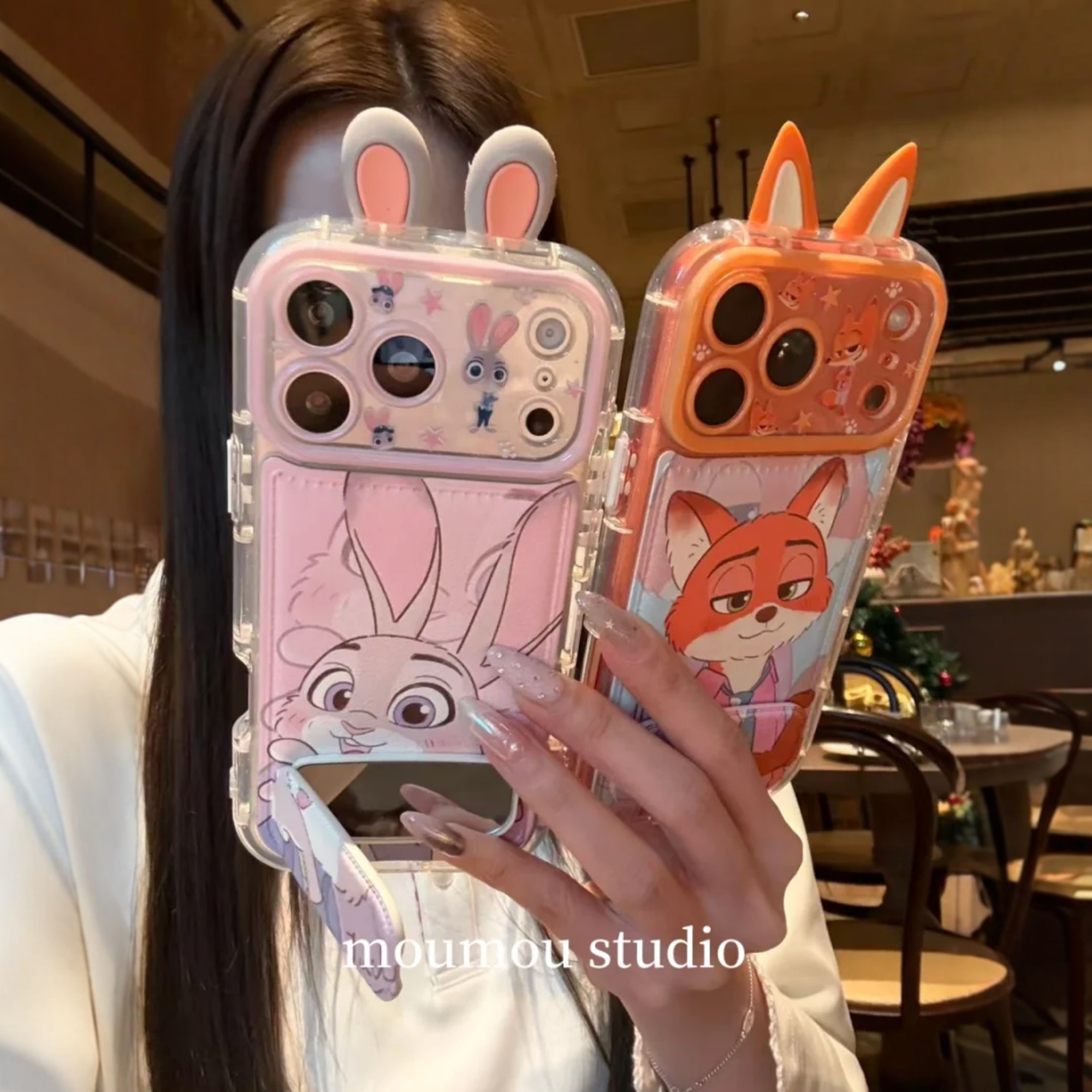 日韩ins可爱卡通立体耳朵兔子狐狸折叠支架适用iPhone17promax手机壳苹果15pro新款16创意13女款14防摔保护套