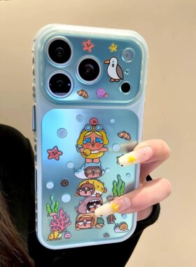 韩系ins镭射蓝色可爱潜水小哭包适用iPhone17promax手机壳苹果15pro新款16大视窗13女14硬壳15卡通防摔保护套