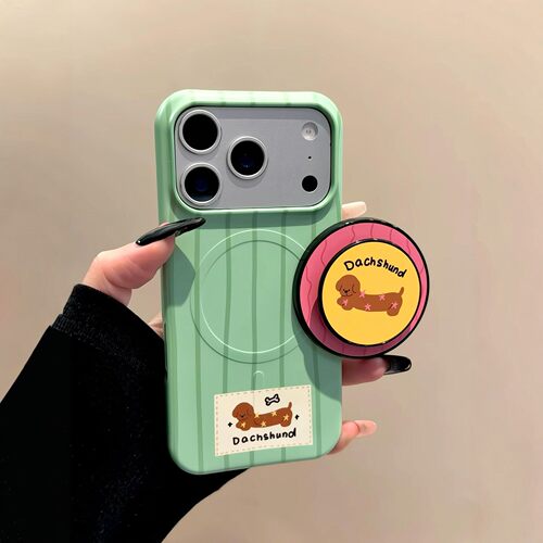 韩系ins薄荷绿条纹腊肠狗磁吸支架适用iPhone17promax手机壳苹果15pro新款17pro菲林硬壳16pro半包防刮保护套