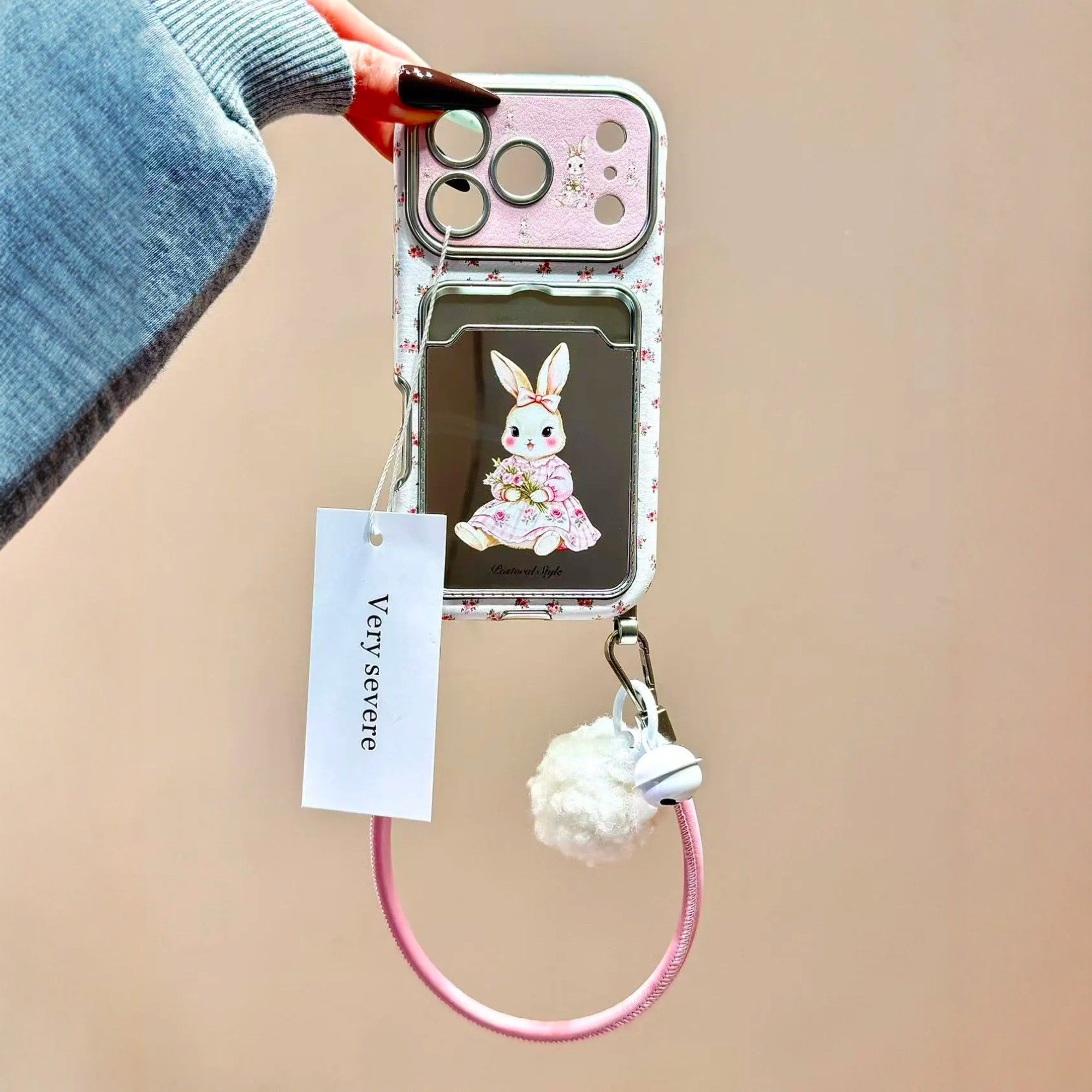 韩风ins少女粉碎花兔子镜面卡包手拎绳适用iPhone17promax手机壳苹果15pro新款16可爱卡通13女款14防摔保护套,3C数码配件,手机保护套/壳,淘宝优惠券,粉丝福利购,淘宝优惠卷