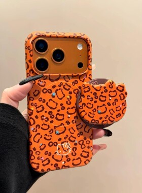 韩系ins橙色豹纹线条KT猫磁吸支架适用iPhone17promax手机壳苹果15pro新款17pro菲林硬壳16pro半包防刮保护套