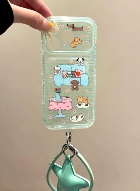 韩系ins绿色条纹猫咪西高地沙发手腕带适用iPhone17promax手机壳苹果15pro新款16透明13女14硬壳15防摔保护套