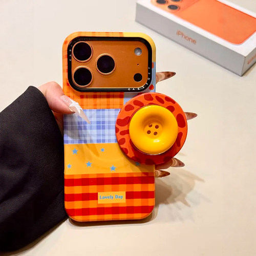 韩风ins多巴胺橙格纹拼接纽扣磁吸支架适用iPhone17promax手机壳苹果15pro新款14超好看13女款16菲林硬保护套