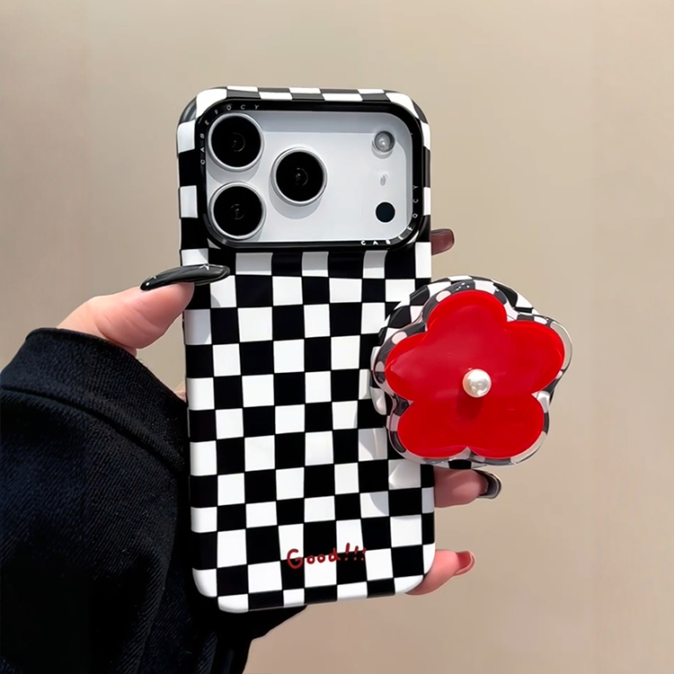 韩风ins黑白棋盘格纹红色花朵磁吸支架适用iPhone17promax手机壳苹果15pro新款14超好看13女款16菲林硬保护套