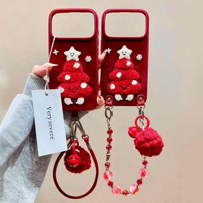新年ins红色绒布刺绣圣诞树毛球铃铛挂绳适用iPhone17promax手机壳苹果15pro新款16毛绒茸13女14防摔15保护套
