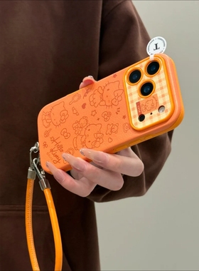 日韩ins可爱橙色kitty猫带挂绳适用iPhone17promax手机壳苹果15pro新款16仿皮13女14软壳15pro全包防摔保护套