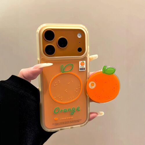 韩系ins橙色磨砂半透线条小橘子支架适用iPhone17promax手机壳苹果15pro新款14创意13女款16简约17防摔保护套