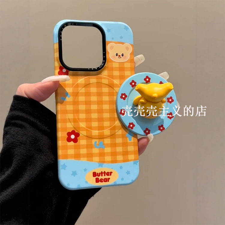 韩系ins格纹卡通倒立奶龙磁吸支架适用iPhone16promax手机壳苹果15pro新款14超好看13女款16可爱菲林硬保护套