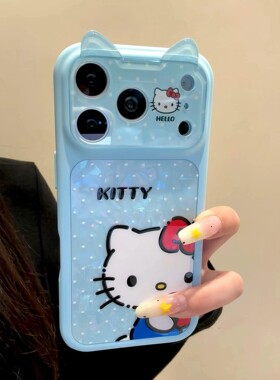韩系ins蓝色贝壳纹白波点猫咪酱立体耳朵适用iPhone17promax手机壳苹果15pro新款16大视窗13女14防摔17保护套