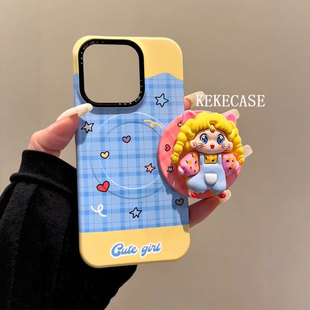 韩风ins格纹卡通卷发少女磁吸支架适用iPhone16promax手机壳苹果15pro新款14超好看13女款16半包菲林硬保护套