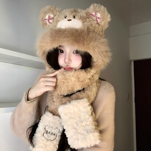 可爱小熊耳朵毛绒帽子女冬季保暖护耳帽围巾一体甜美可爱帽子防寒