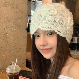日系甜美蕾丝镂空花朵包头帽女小众文艺时尚 百搭手工钩花针织帽子