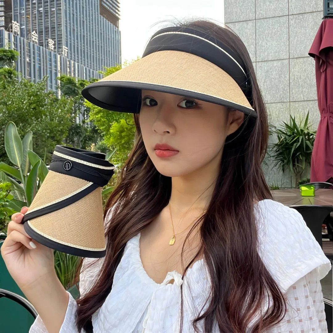 防晒遮阳帽可折叠编织草帽贝壳可调节女骑车沙滩户外帽子无顶帽