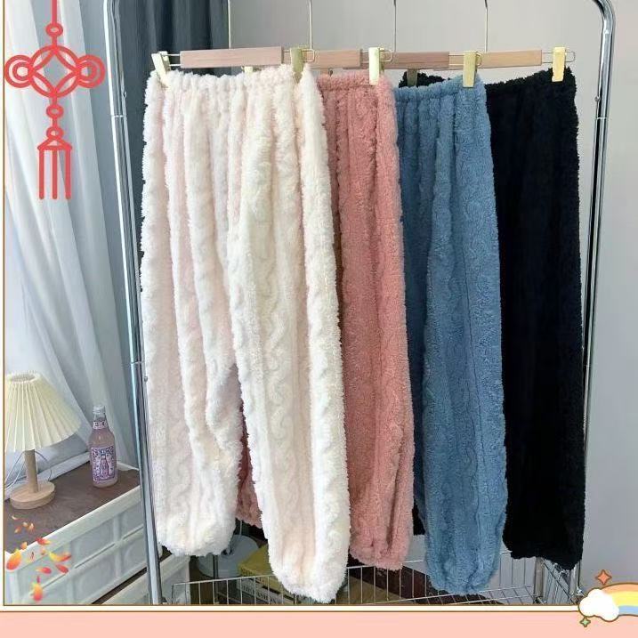 法兰绒睡裤女式珊瑚绒加绒加厚保暖提花家居裤秋冬束脚宽松毛绒裤