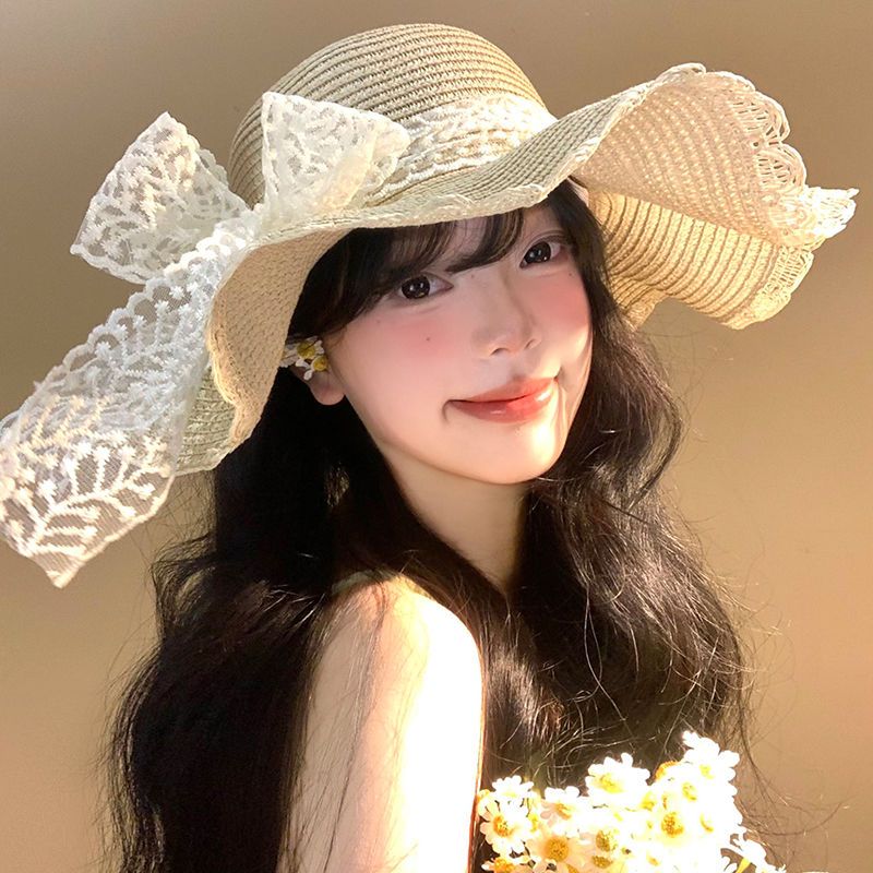 法式蕾丝蝴蝶结草帽女夏海边沙滩波浪边大帽檐太阳帽遮阳防晒帽子