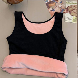 保暖背心女加绒加厚秋冬季螺纹棉蕾丝花边大码无袖内搭上衣打底衫