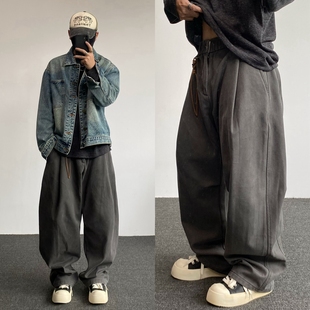 美式复古纯色阔版弯刀工装裤男设计感褶皱直筒宽松阔腿休闲长裤潮