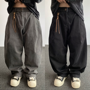美式 男百搭宽松休闲弯刀长裤 复古加绒阔版 裤 潮 松紧腰直筒工装 冬季