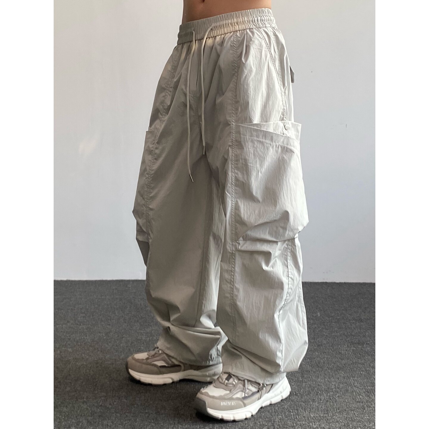 美式山系户外冲锋裤男夏季薄款速干宽松阔腿直筒褶皱休闲工装长裤