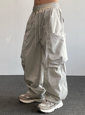 美式山系户外冲锋裤男夏季薄款速干宽松阔腿直筒褶皱休闲工装长裤