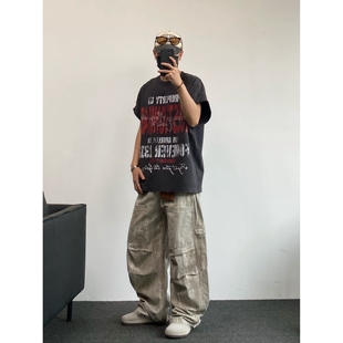 380g重磅水洗做旧坎肩阔版T恤男潮牌破洞印花oversize宽松短袖t恤