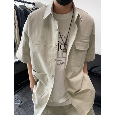 纯色硬挺水洗工装短袖衬衫