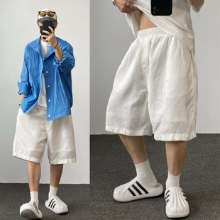 cleanfit白色松弛感透气天丝亚麻五分短裤男夏季薄款阔腿休闲中裤