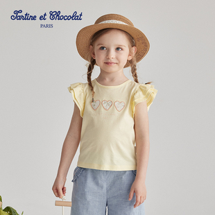 tartineetchocolat法国巧克力童装夏季女童荷叶边短袖T恤上衣