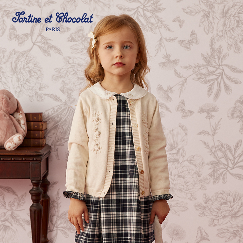 tartineetchocolat法国巧克力童装25春季新品女童立体刺绣针织衫
