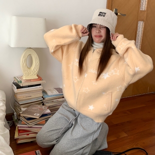 KHIAN SOON国潮秋冬刺绣翅膀logo星星图案拉链毛衣连帽外套女加厚