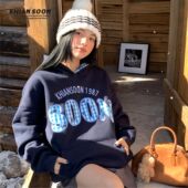 KHIAN SOON熊猫贴布绣花字母国潮卫衣女宽松加绒帽衫 圣诞过年2025