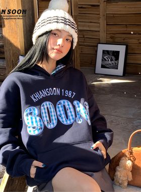 KHIAN SOON熊猫贴布绣花字母国潮卫衣女宽松加绒帽衫圣诞过年2025