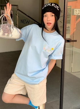 KHIAN SOON国潮美式刺绣logo短袖纯棉T恤男女情侣夏季宽松打底衫