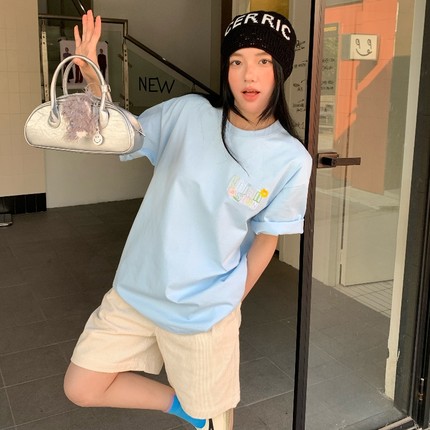 KHIAN SOON国潮美式刺绣logo短袖纯棉T恤男女情侣夏季宽松打底衫