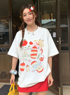 KHIAN SOON美式复古国潮苹果图案印花纯棉短袖T恤百搭休闲上衣