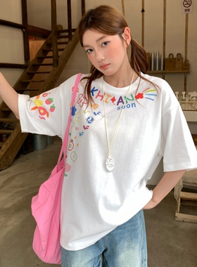 KHIAN SOON美式国潮牌创意卡通涂鸦印花情侣圆领短袖男女T恤上衣