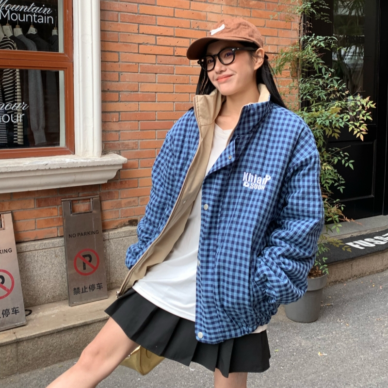 日系复古格子两面穿宽松休闲外套