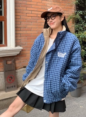 KHIAN SOON新款2025冬季美式复古宽松立领格子双面穿棉服外套男女