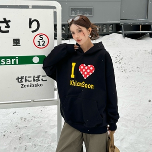 KHIAN SOON 秋冬季彩色爱心波点贴布刺绣情侣款连帽卫衣宽松上衣