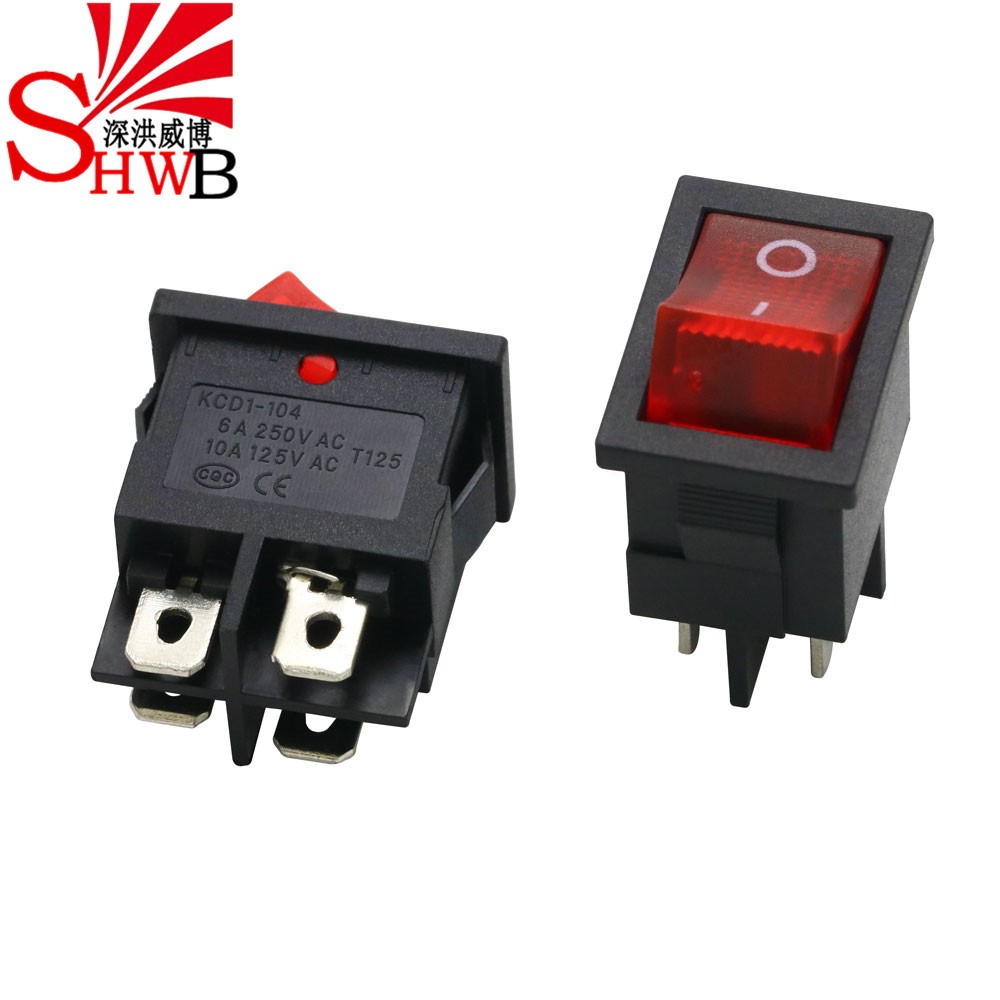 KCD1-104中型2档4脚红色船型船形翘板电源开关 6A 250V/10A 125V