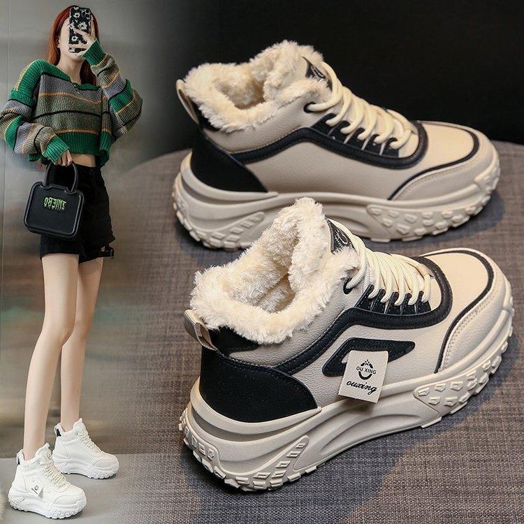 加厚高帮老爹鞋2025秋冬新款加绒女款皮面运动雪地棉靴东北大棉鞋