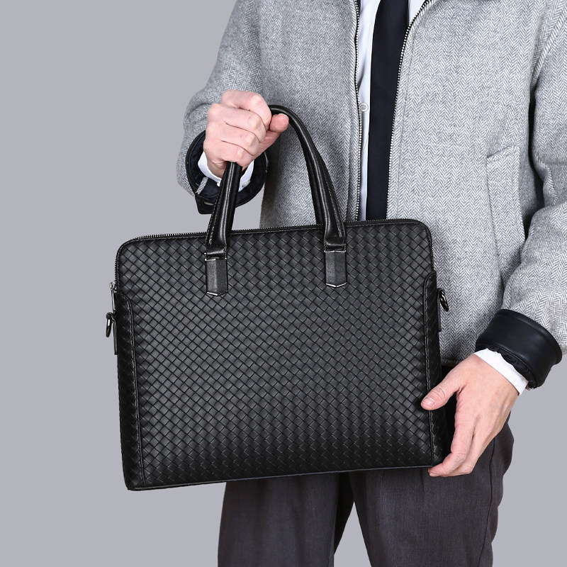 包邮男士手提包横款方形商务双层公文包编织时尚通勤单肩斜挎包袋