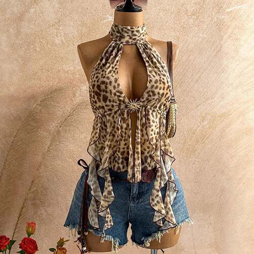Women Coffee Brown Leopard Print Halter Top Mock Neck
