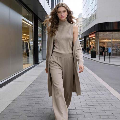 Modest Fashion Simple Knitted Turtle Neck Tank Top and Wide